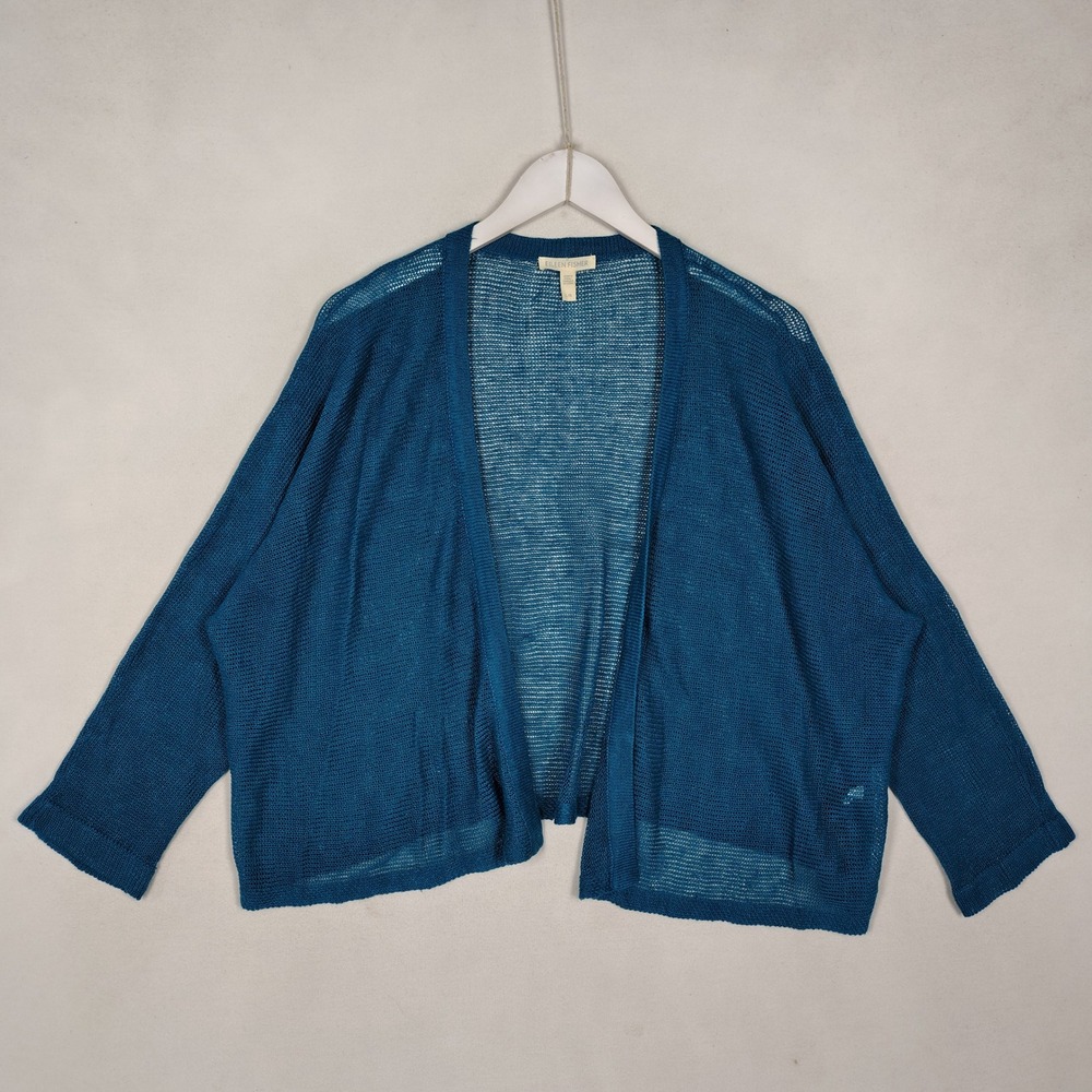 Eileen Fisher Organic Linen Mesh Knit Open Front Cardigan Teal Blue L S16LWH